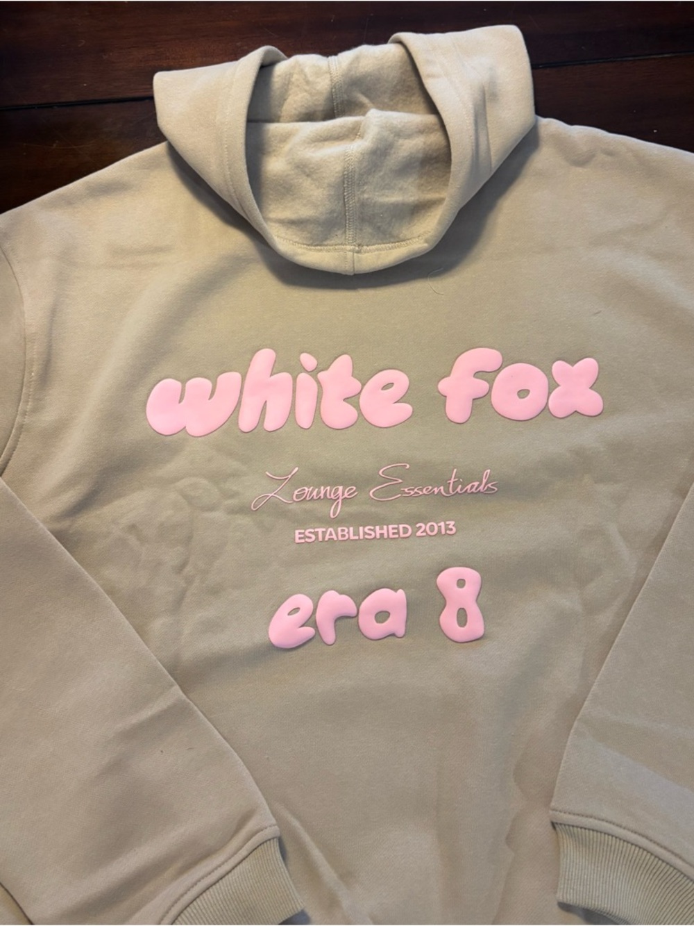 White Fox Boutique Beige Hoodie with Pink Logo